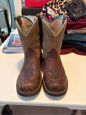 Ariat Fat Baby Western Boots. Brown with Animal Print and Turquoise Trim